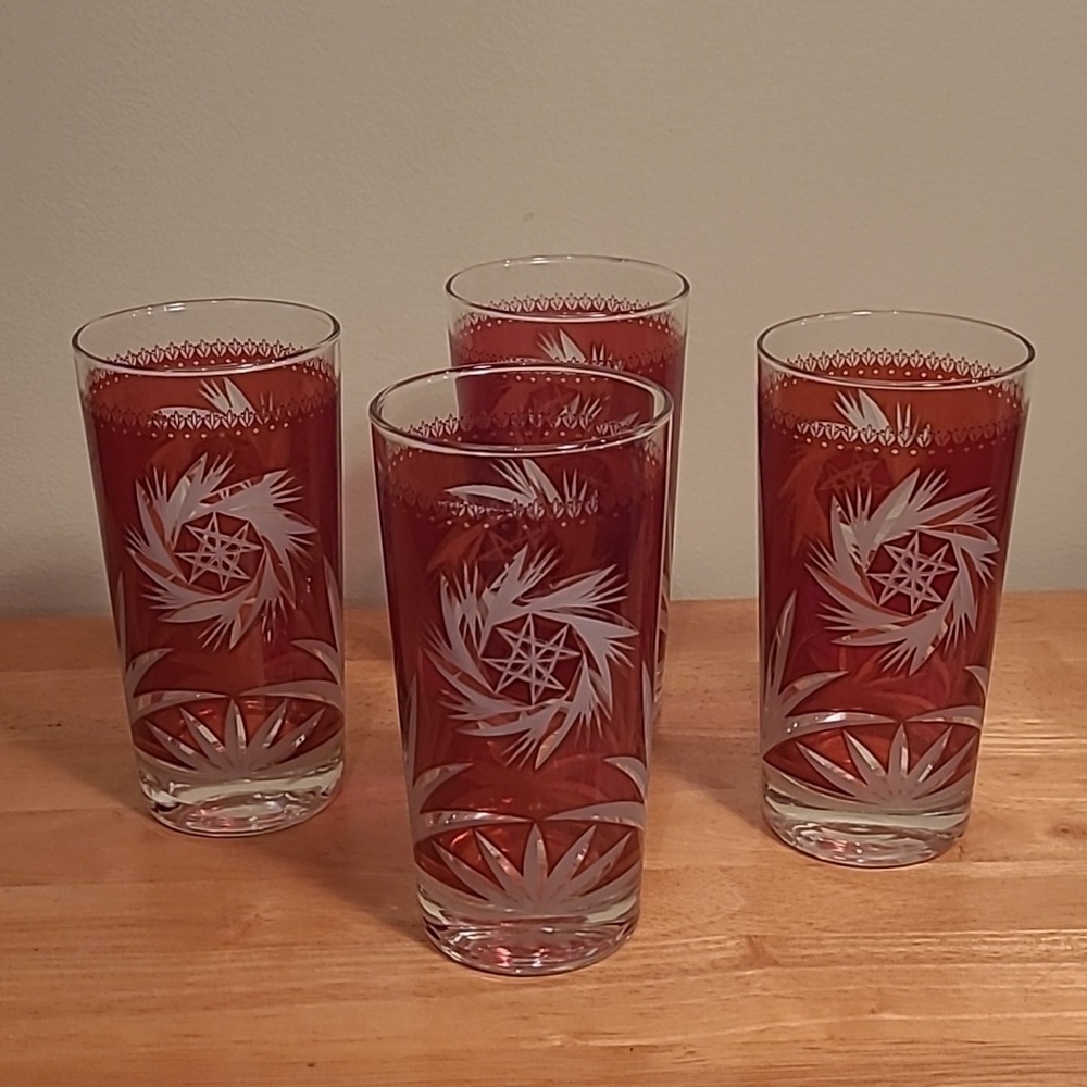 VINTAGE Atomic Style Pinwheel Ruby Flash Glass Set, 1970's